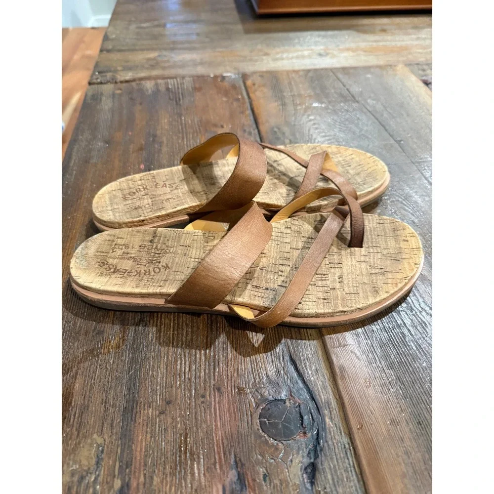 Kork-Ease Myrna Tan Brown Leather Toe Loop Cork Flat Sandals Womens Size 9M